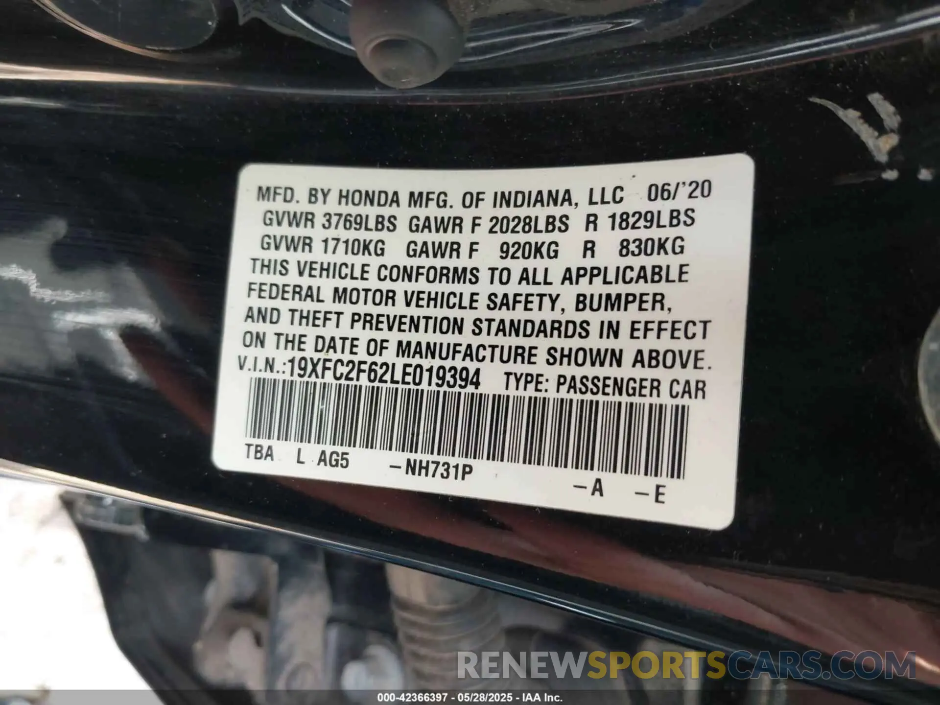9 Photograph of a damaged car 19XFC2F62LE019394 HONDA CIVIC 2020
