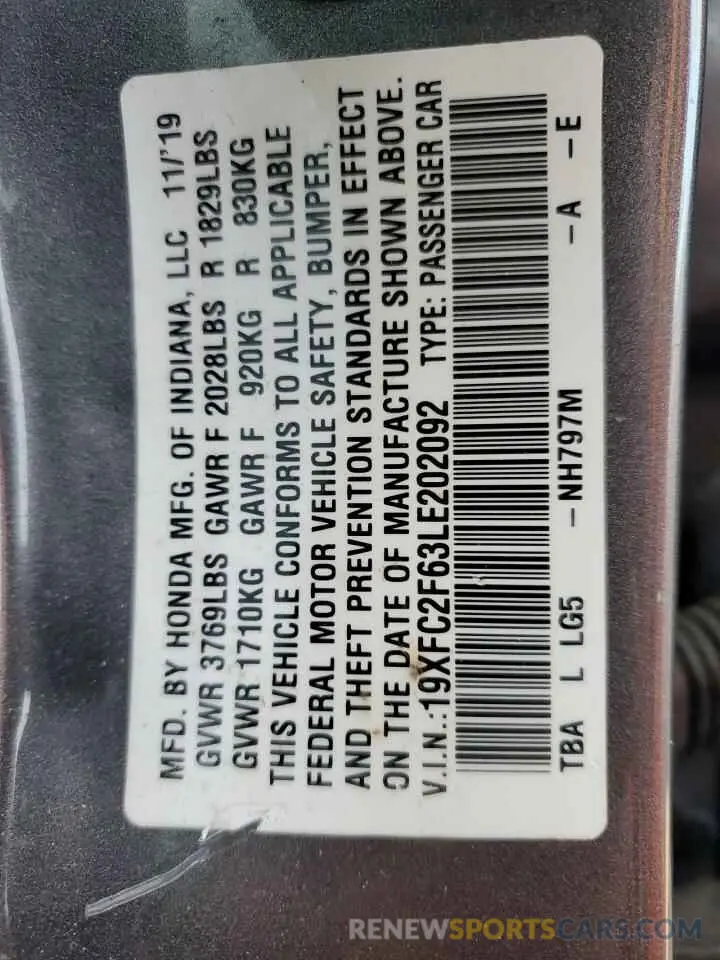12 Photograph of a damaged car 19XFC2F63LE202092 HONDA CIVIC 2020