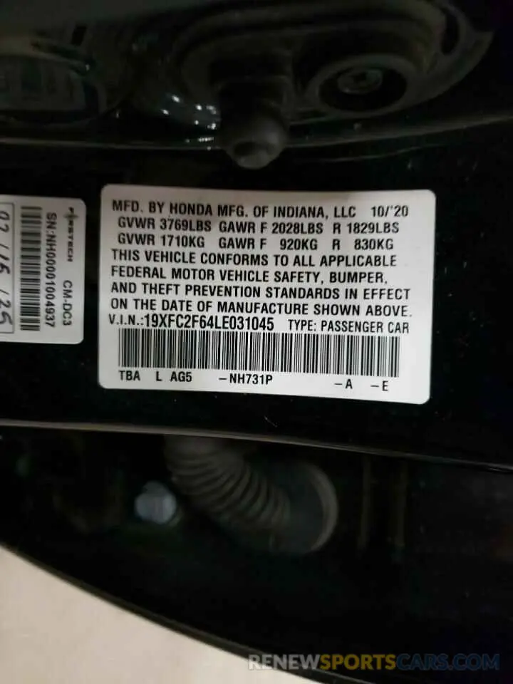 13 Photograph of a damaged car 19XFC2F64LE031045 HONDA CIVIC 2020