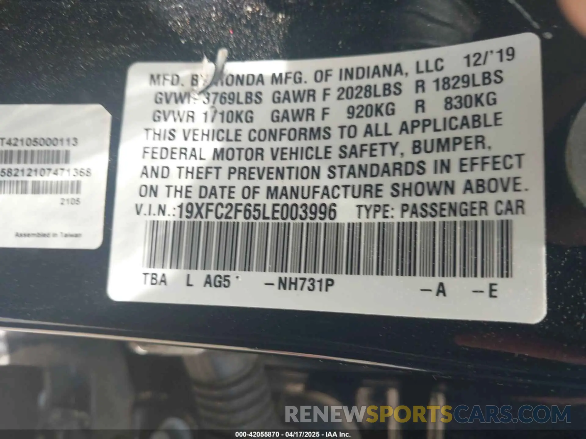 9 Photograph of a damaged car 19XFC2F65LE003996 HONDA CIVIC 2020