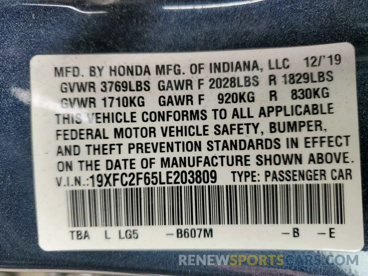 12 Photograph of a damaged car 19XFC2F65LE203809 HONDA CIVIC 2020
