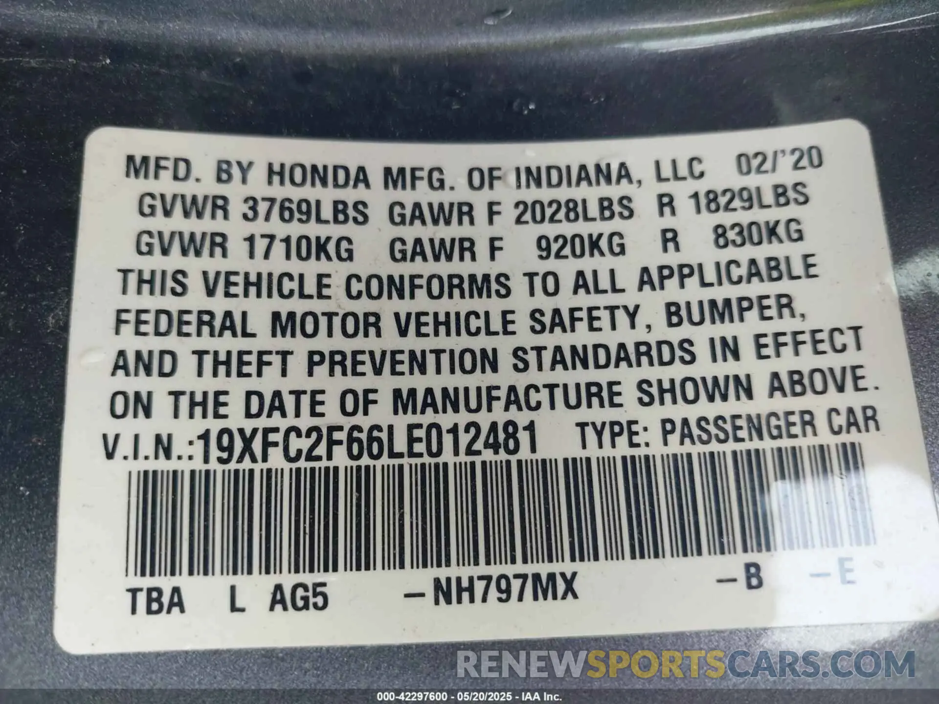 9 Photograph of a damaged car 19XFC2F66LE012481 HONDA CIVIC 2020