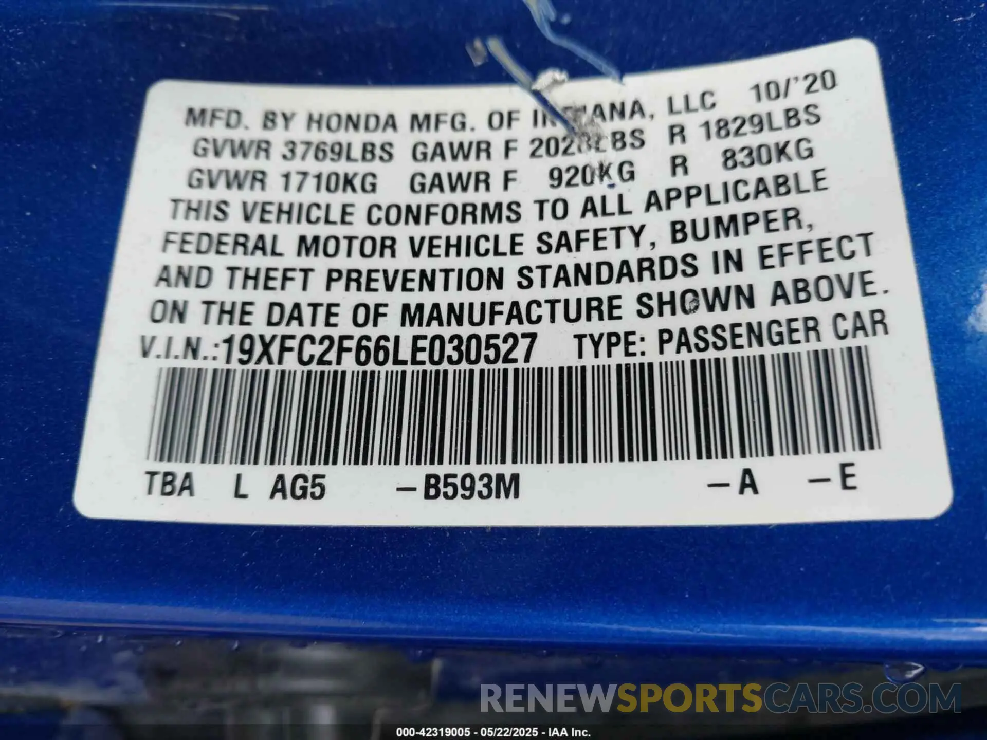 9 Photograph of a damaged car 19XFC2F66LE030527 HONDA CIVIC 2020
