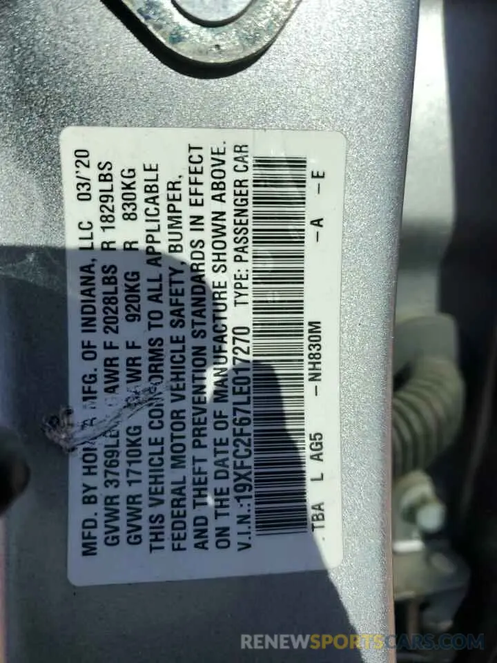 14 Photograph of a damaged car 19XFC2F67LE017270 HONDA CIVIC 2020