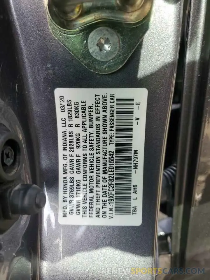 13 Photograph of a damaged car 19XFC2F82LE015542 HONDA CIVIC 2020