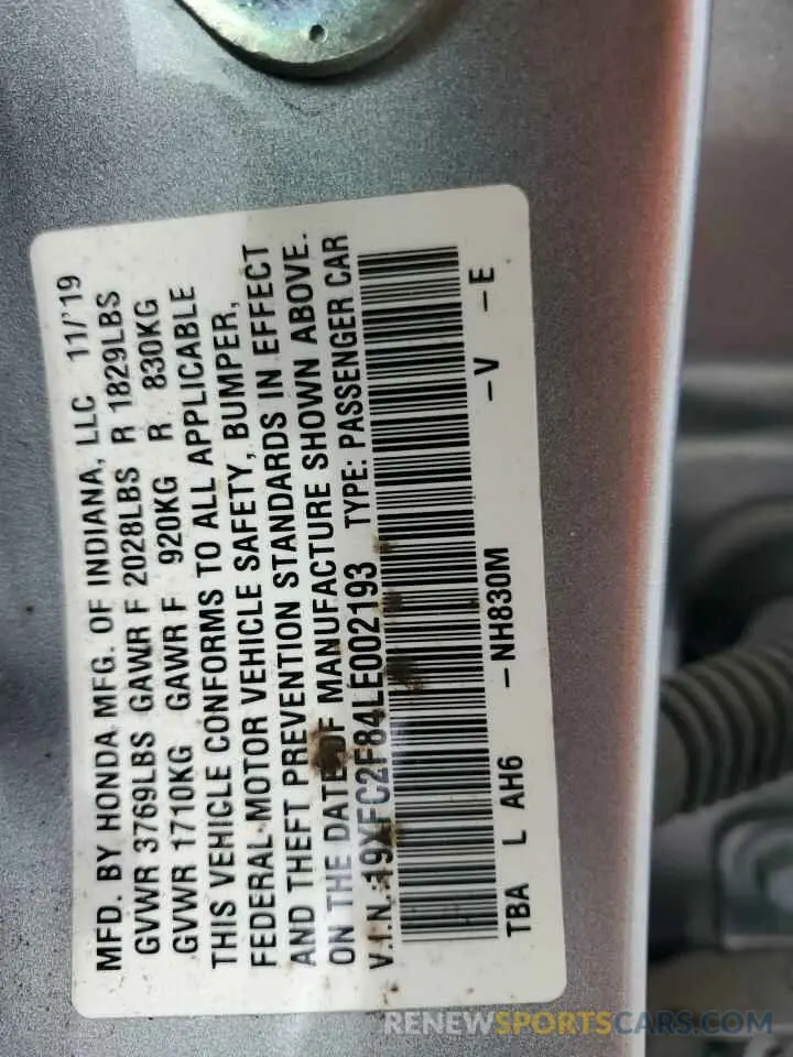 13 Photograph of a damaged car 19XFC2F84LE002193 HONDA CIVIC 2020