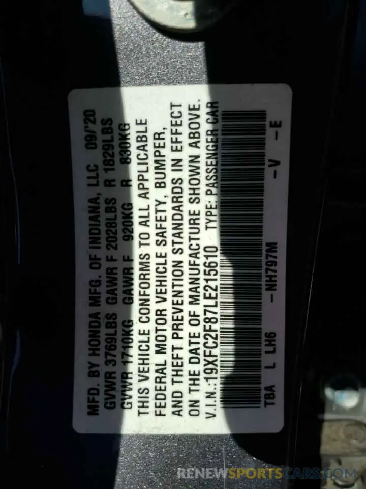 14 Photograph of a damaged car 19XFC2F87LE215610 HONDA CIVIC 2020