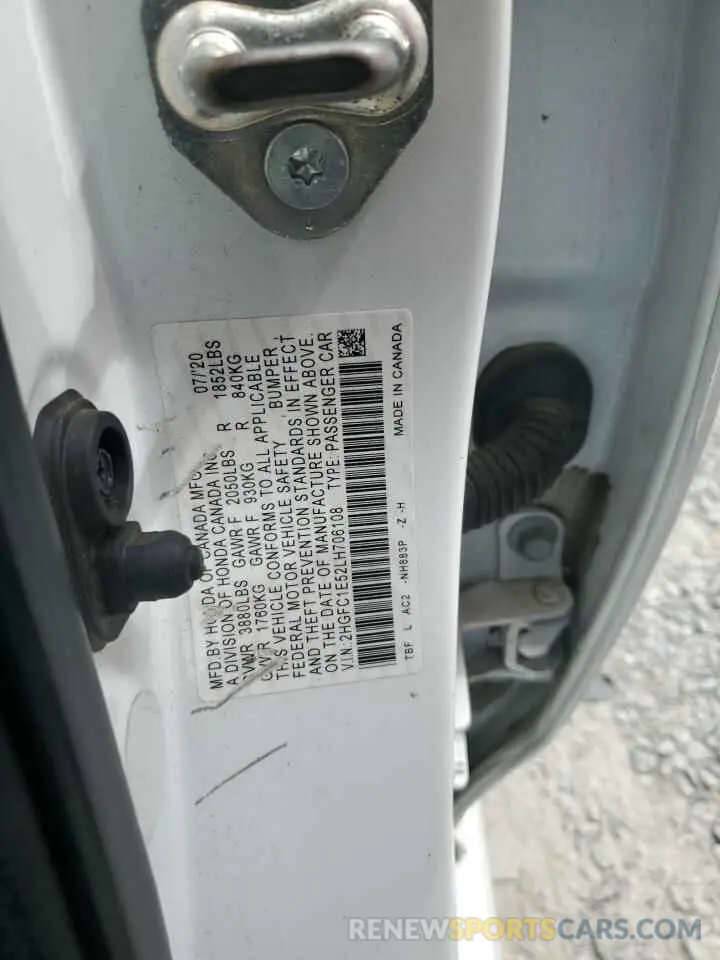 12 Photograph of a damaged car 2HGFC1E52LH706108 HONDA CIVIC 2020