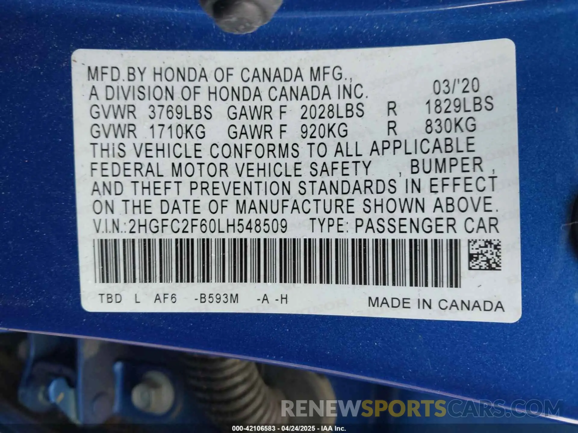 9 Photograph of a damaged car 2HGFC2F60LH548509 HONDA CIVIC 2020