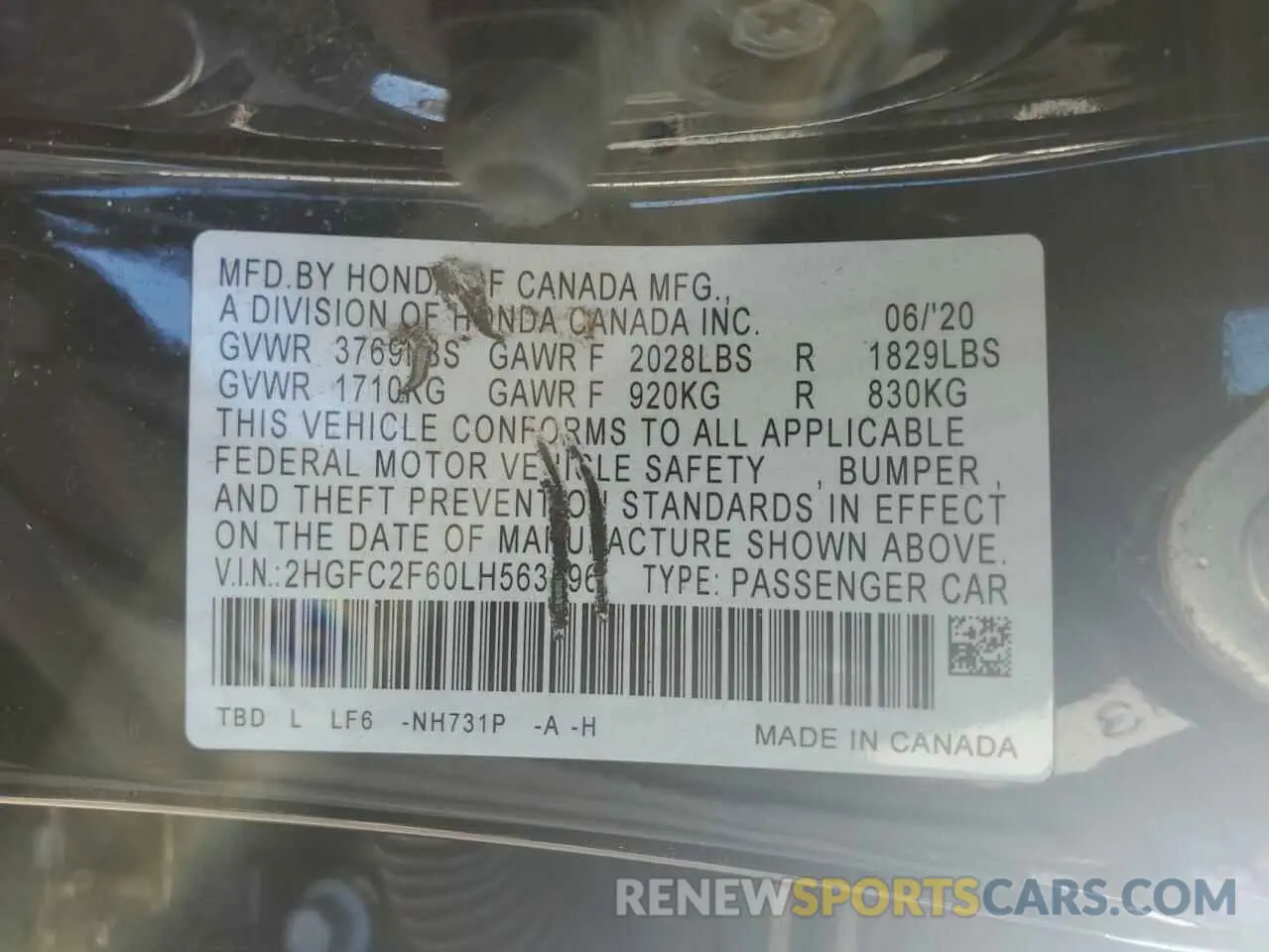 14 Photograph of a damaged car 2HGFC2F60LH563396 HONDA CIVIC 2020