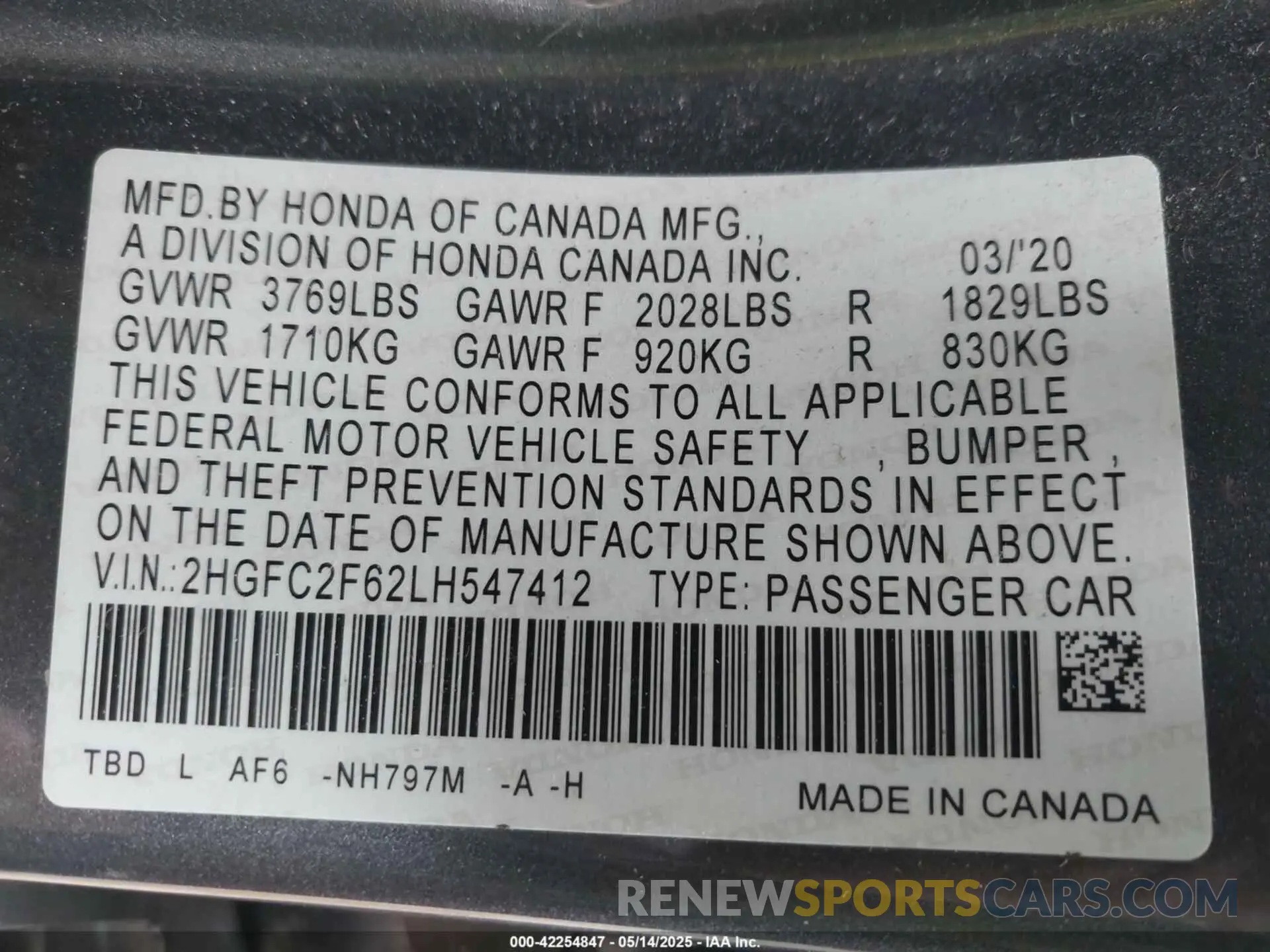 9 Photograph of a damaged car 2HGFC2F62LH547412 HONDA CIVIC 2020