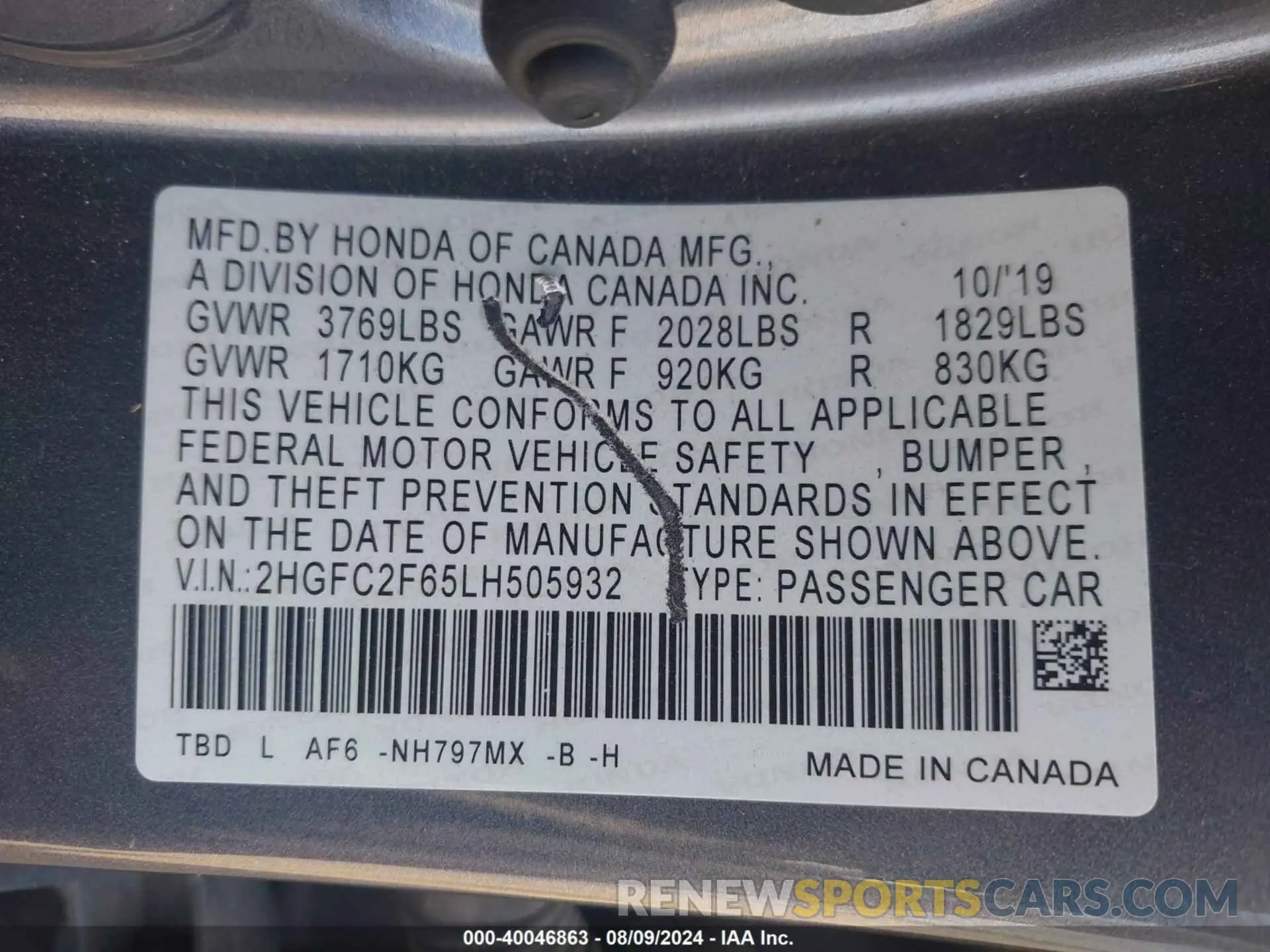 9 Photograph of a damaged car 2HGFC2F65LH505932 HONDA CIVIC 2020