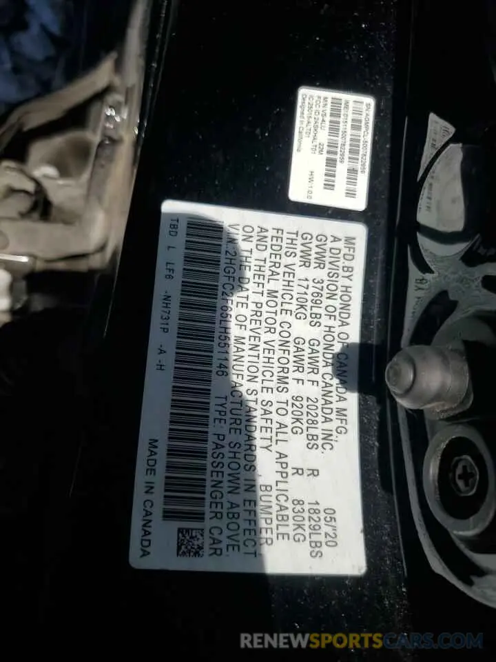 13 Photograph of a damaged car 2HGFC2F65LH551146 HONDA CIVIC 2020