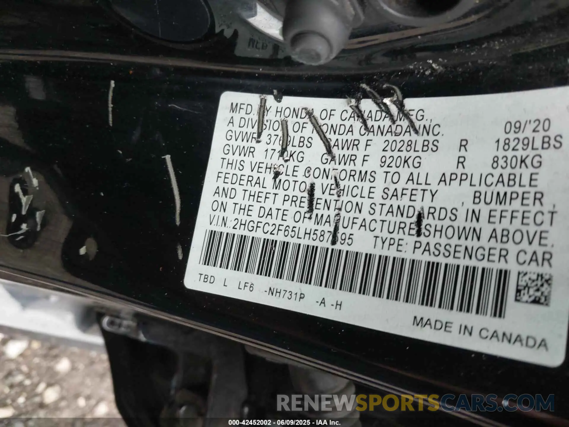 9 Photograph of a damaged car 2HGFC2F65LH587595 HONDA CIVIC 2020