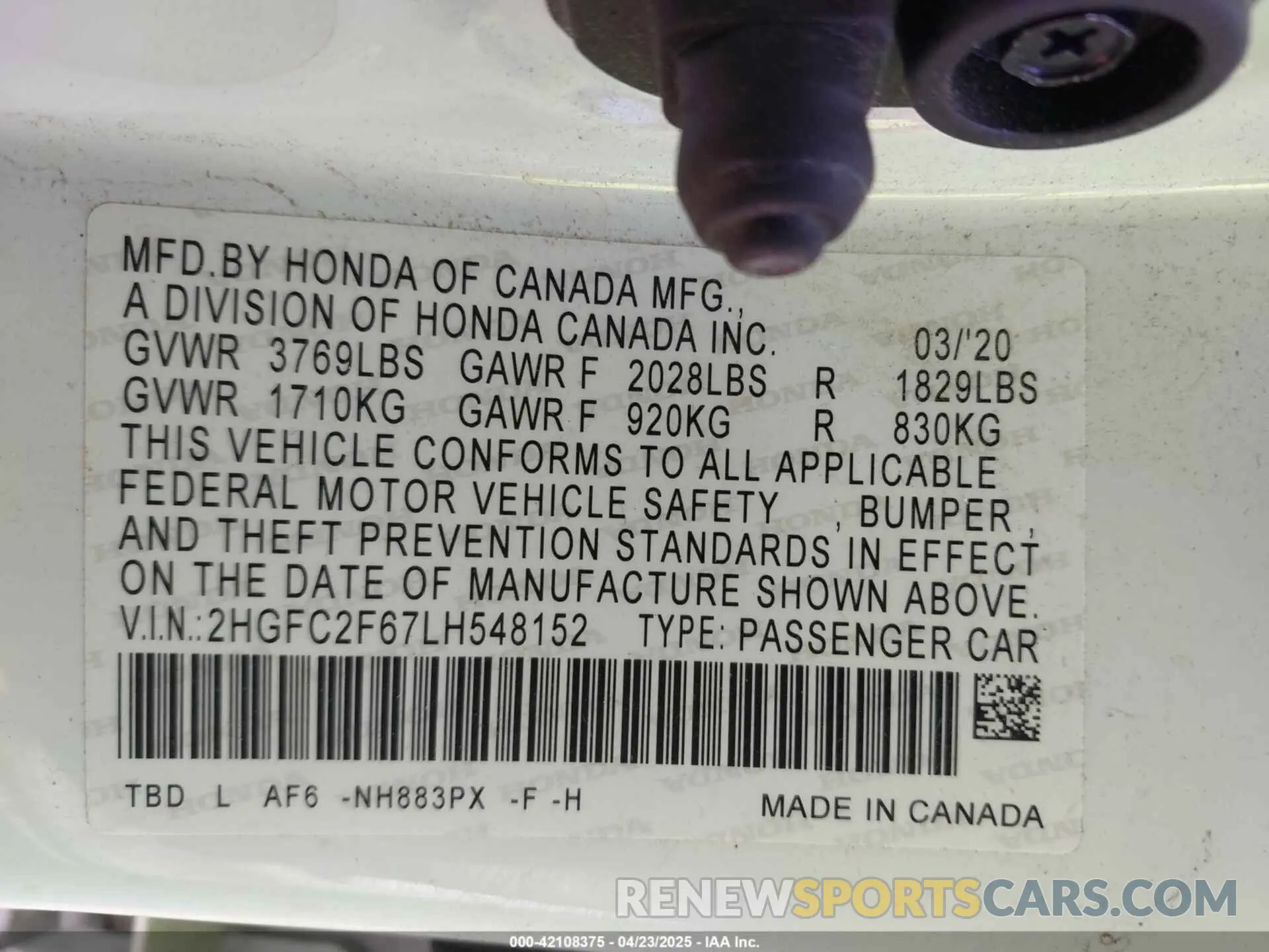 9 Photograph of a damaged car 2HGFC2F67LH548152 HONDA CIVIC 2020