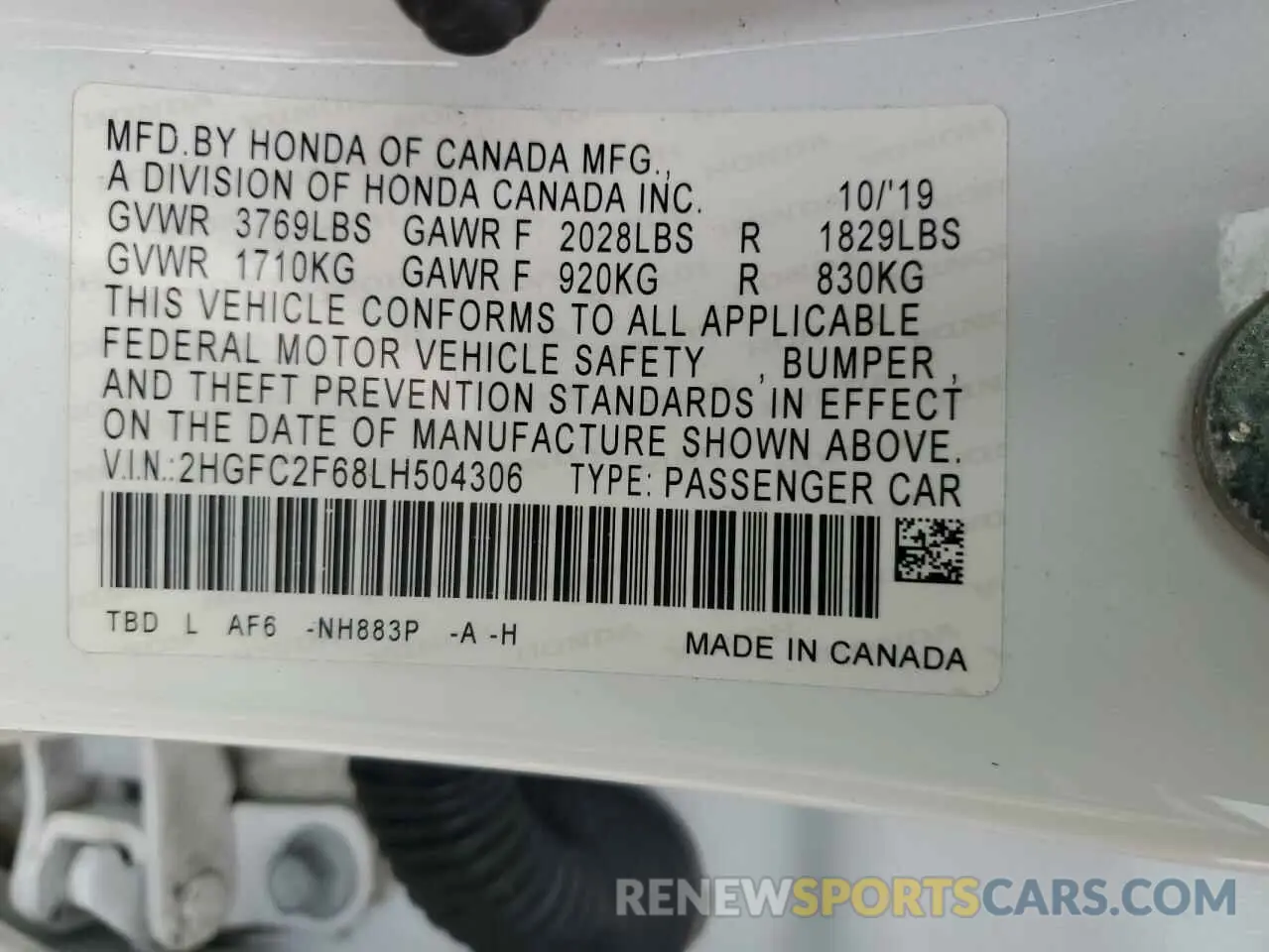 13 Photograph of a damaged car 2HGFC2F68LH504306 HONDA CIVIC 2020