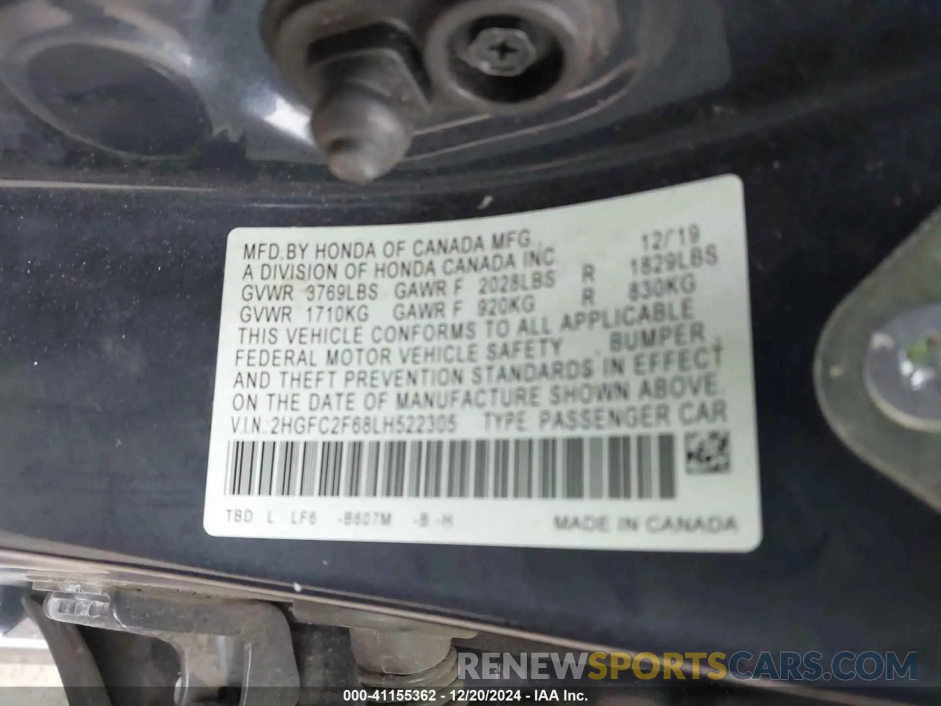 9 Photograph of a damaged car 2HGFC2F68LH522305 HONDA CIVIC 2020