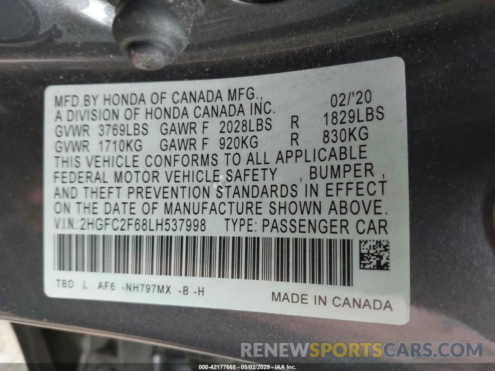 9 Photograph of a damaged car 2HGFC2F68LH537998 HONDA CIVIC 2020