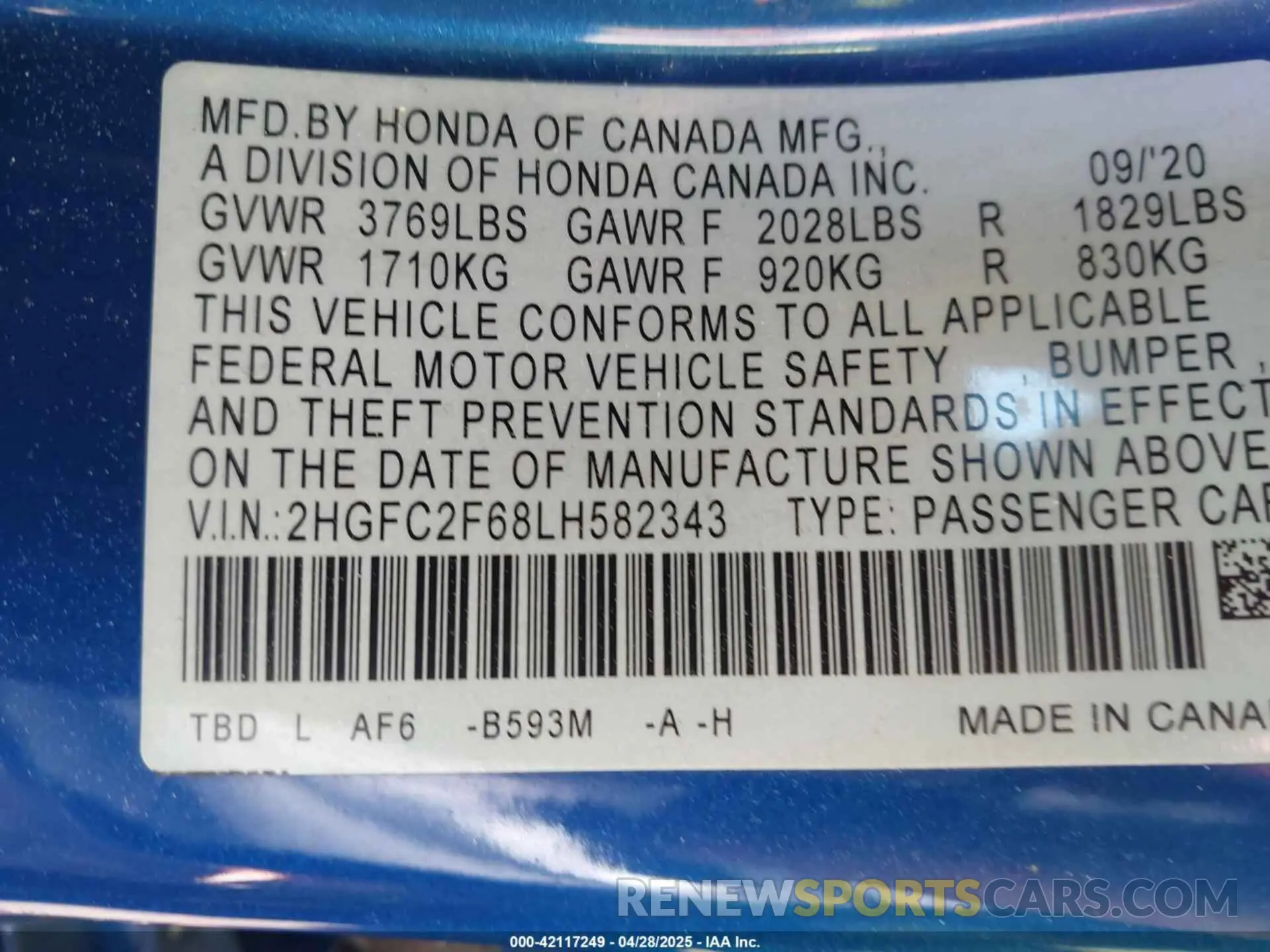 9 Photograph of a damaged car 2HGFC2F68LH582343 HONDA CIVIC 2020