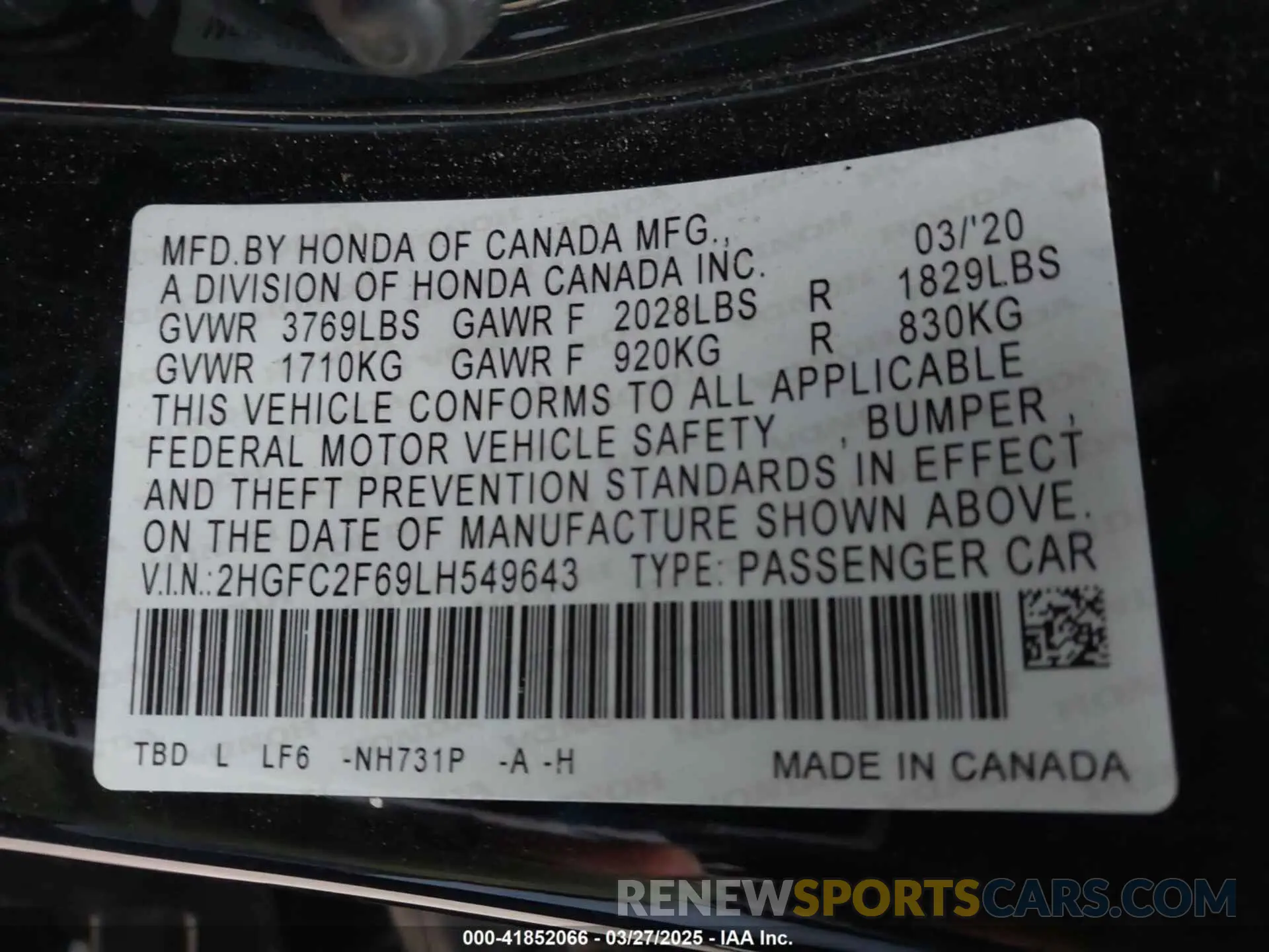 9 Photograph of a damaged car 2HGFC2F69LH549643 HONDA CIVIC 2020