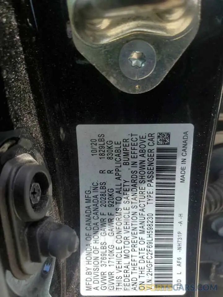 13 Photograph of a damaged car 2HGFC2F69LH598230 HONDA CIVIC 2020
