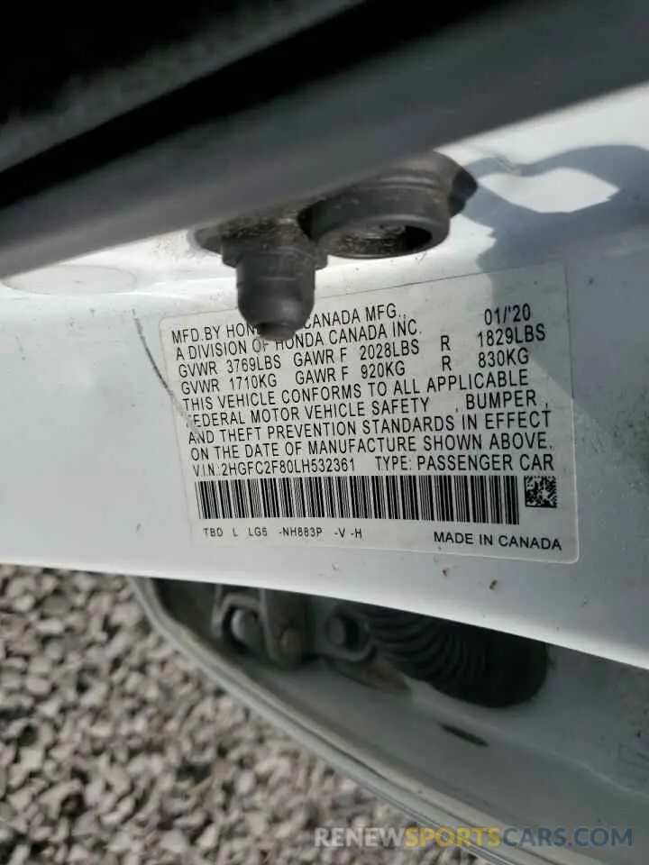 12 Photograph of a damaged car 2HGFC2F80LH532361 HONDA CIVIC 2020