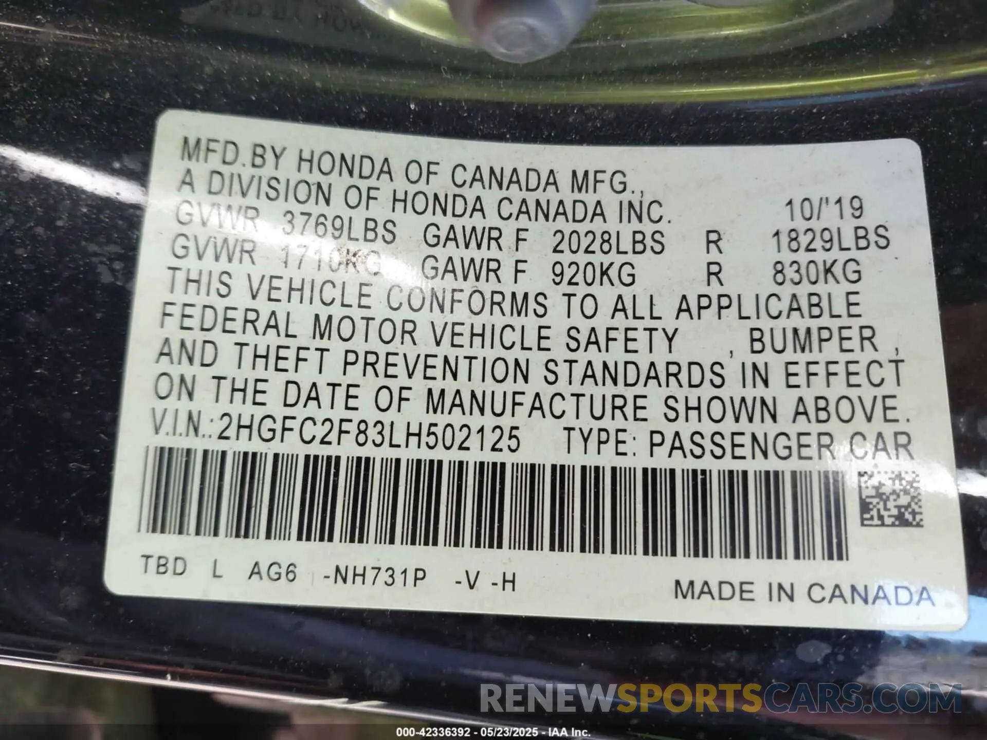 9 Photograph of a damaged car 2HGFC2F83LH502125 HONDA CIVIC 2020