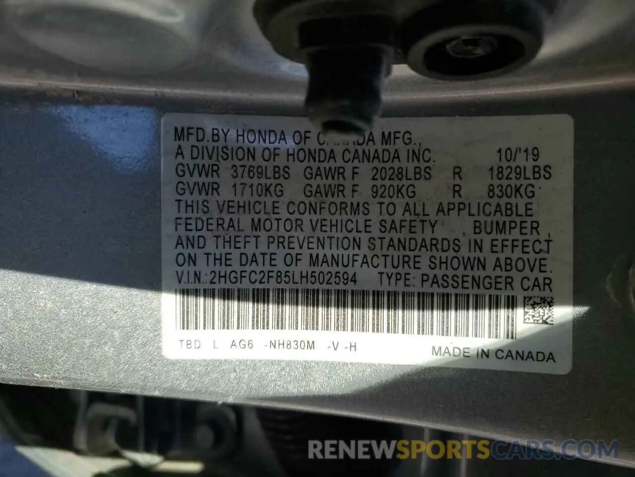 12 Photograph of a damaged car 2HGFC2F85LH502594 HONDA CIVIC 2020