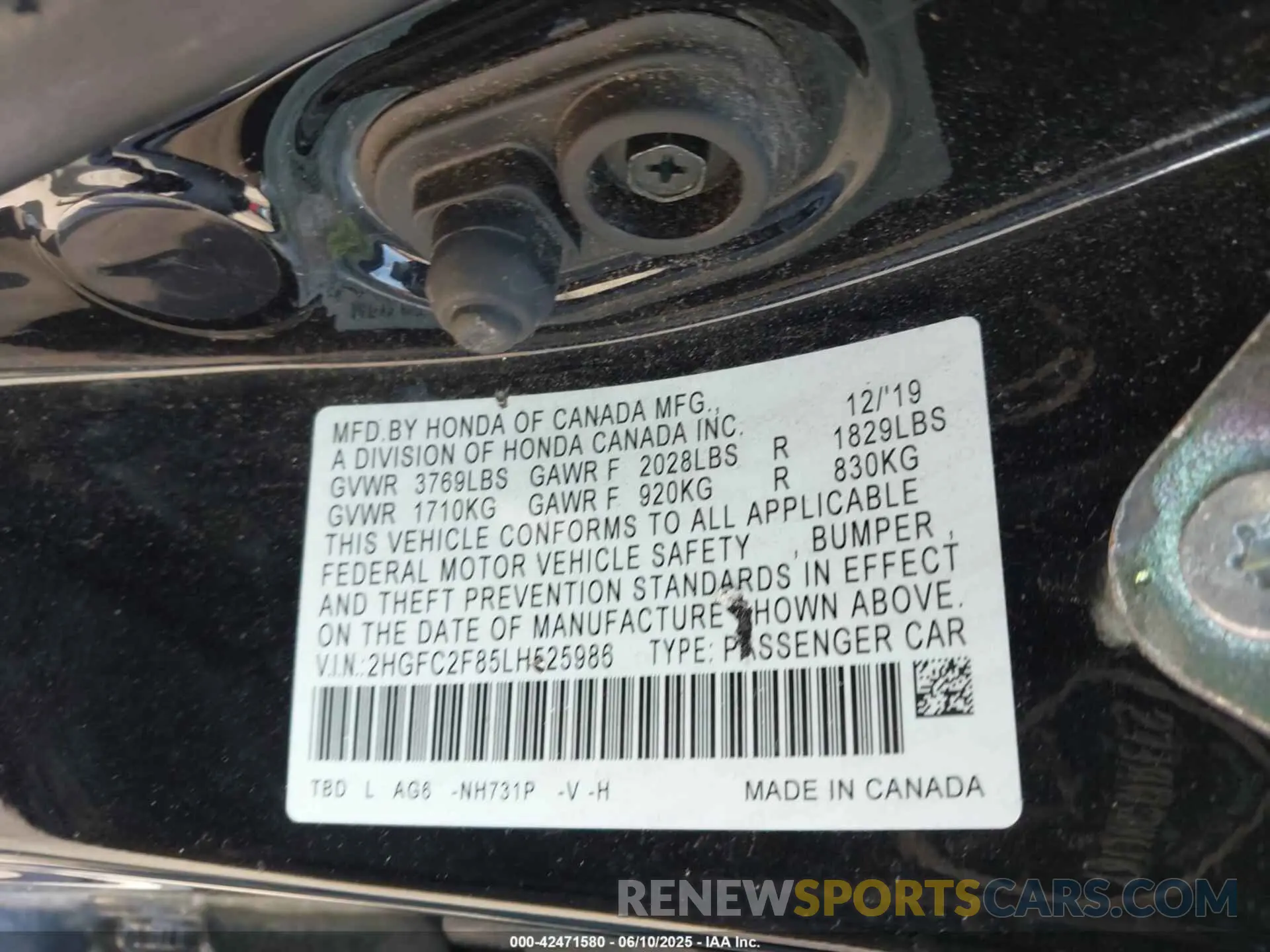 9 Photograph of a damaged car 2HGFC2F85LH525986 HONDA CIVIC 2020