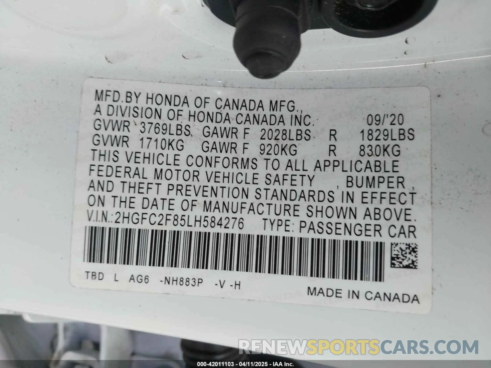 9 Photograph of a damaged car 2HGFC2F85LH584276 HONDA CIVIC 2020