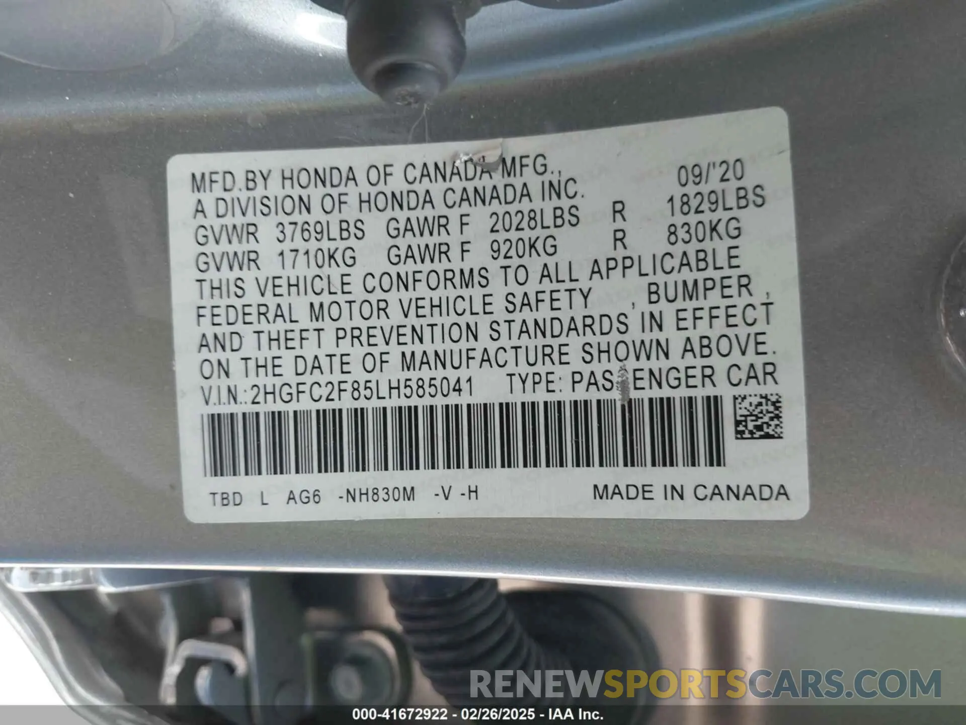 9 Photograph of a damaged car 2HGFC2F85LH585041 HONDA CIVIC 2020
