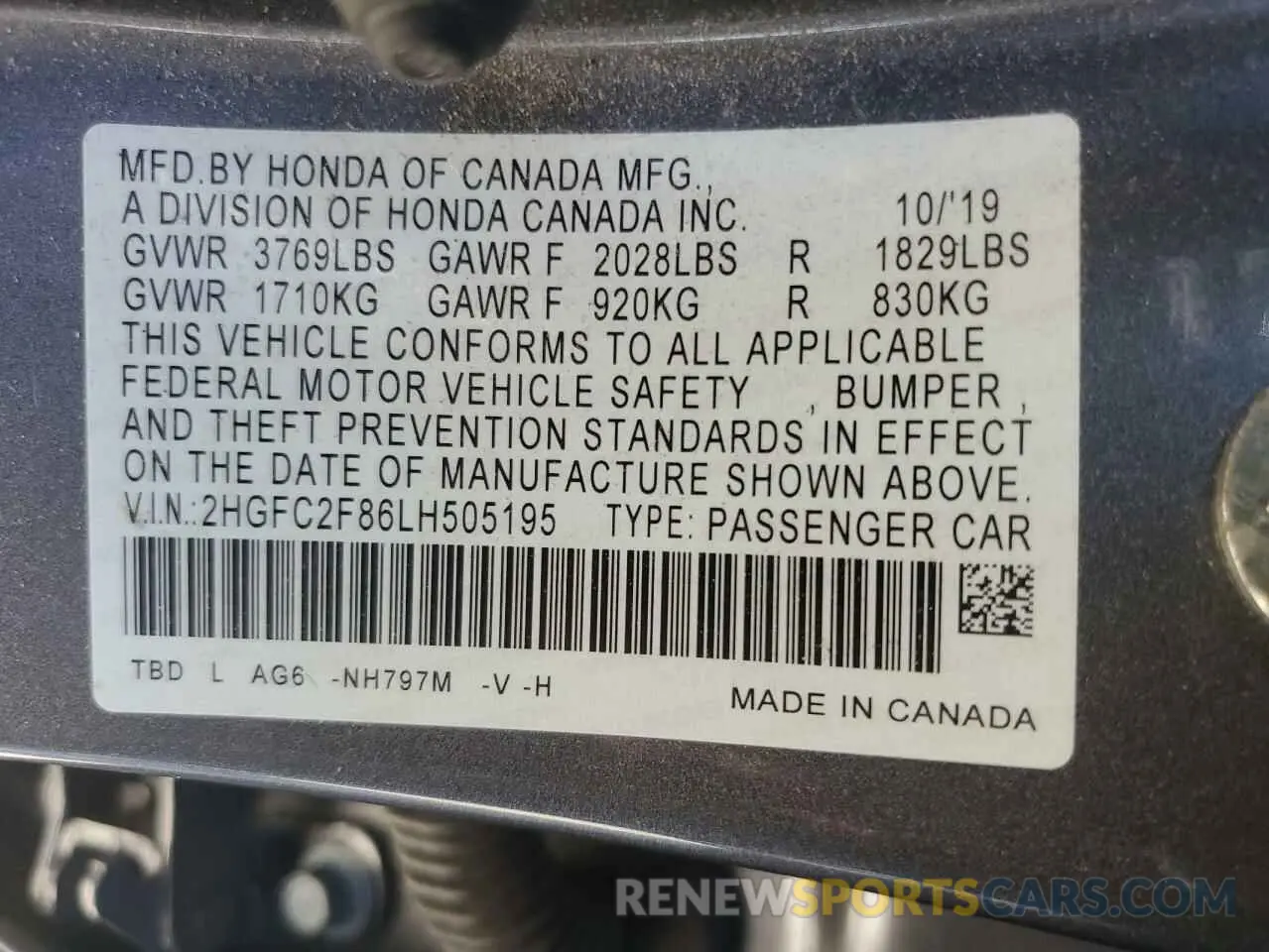 14 Photograph of a damaged car 2HGFC2F86LH505195 HONDA CIVIC 2020