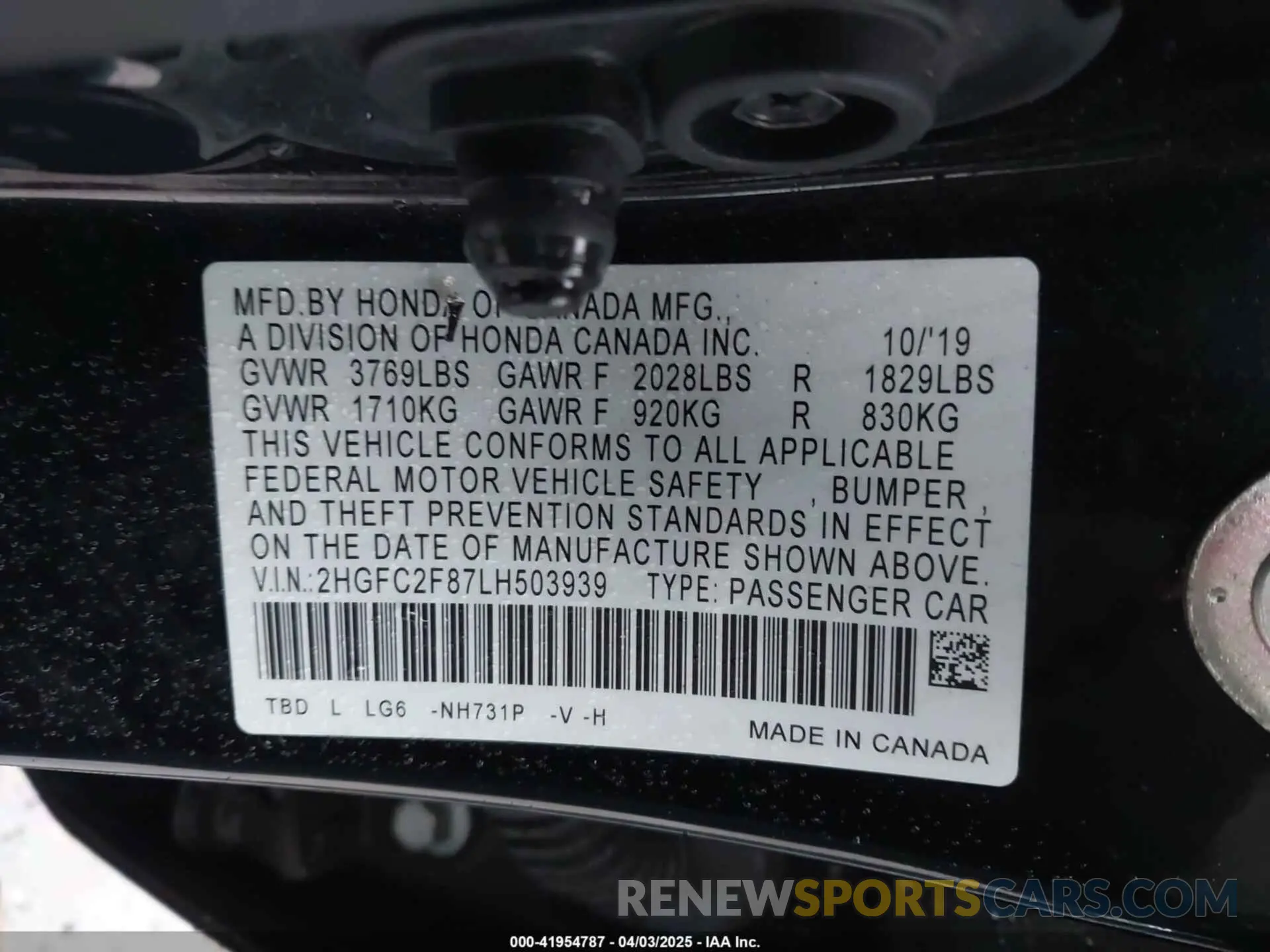 9 Photograph of a damaged car 2HGFC2F87LH503939 HONDA CIVIC 2020