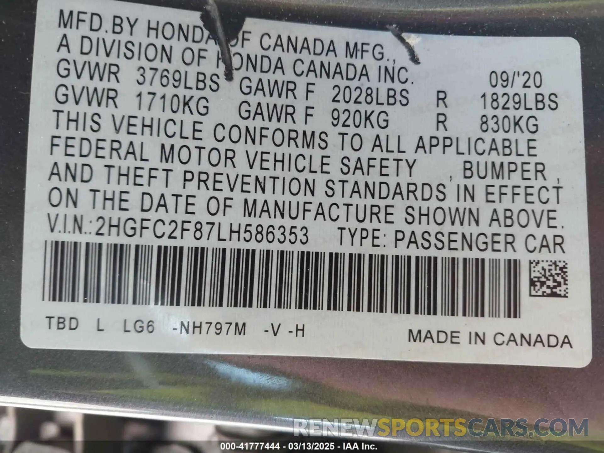9 Photograph of a damaged car 2HGFC2F87LH586353 HONDA CIVIC 2020