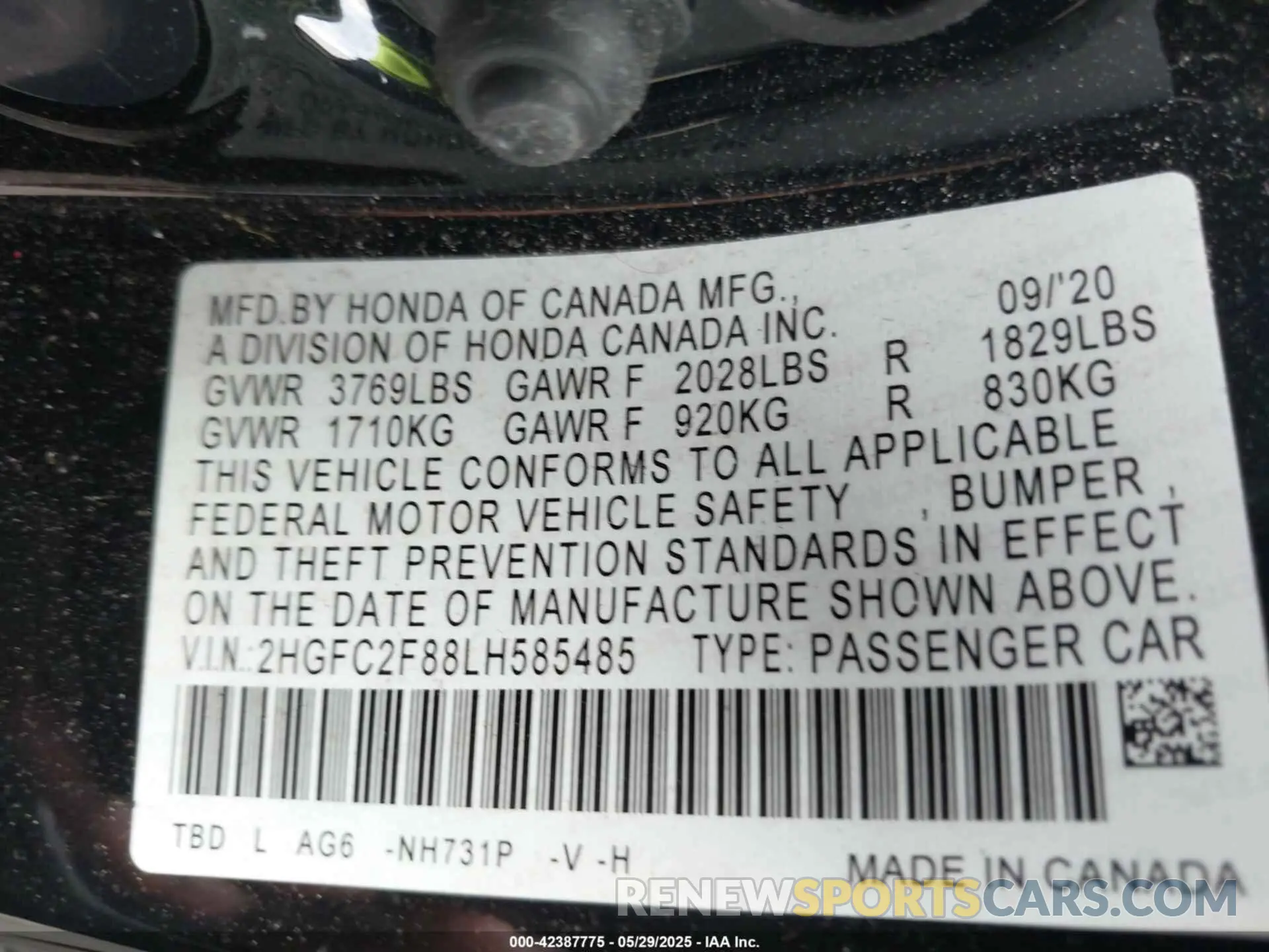 9 Photograph of a damaged car 2HGFC2F88LH585485 HONDA CIVIC 2020