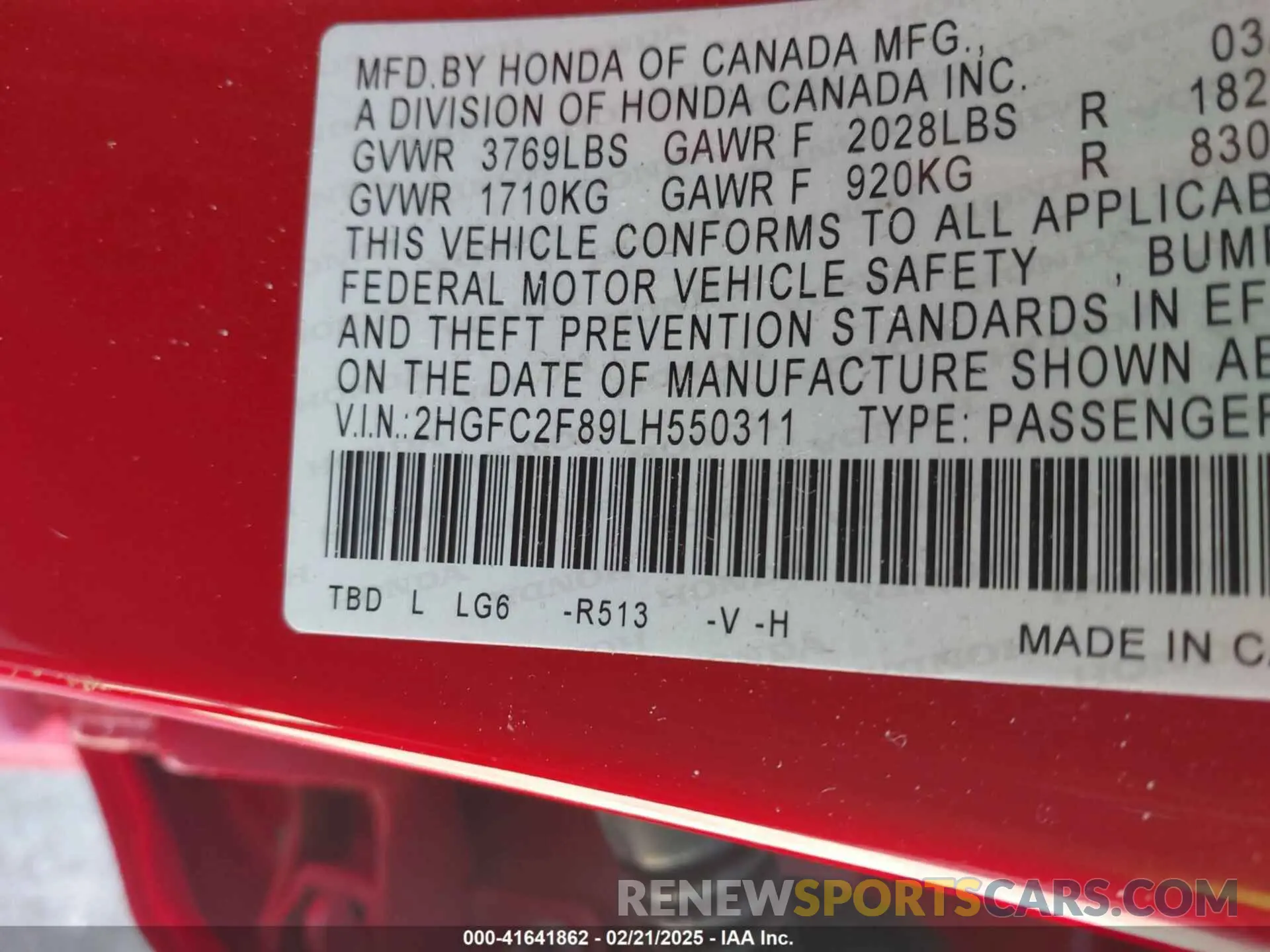 9 Photograph of a damaged car 2HGFC2F89LH550311 HONDA CIVIC 2020