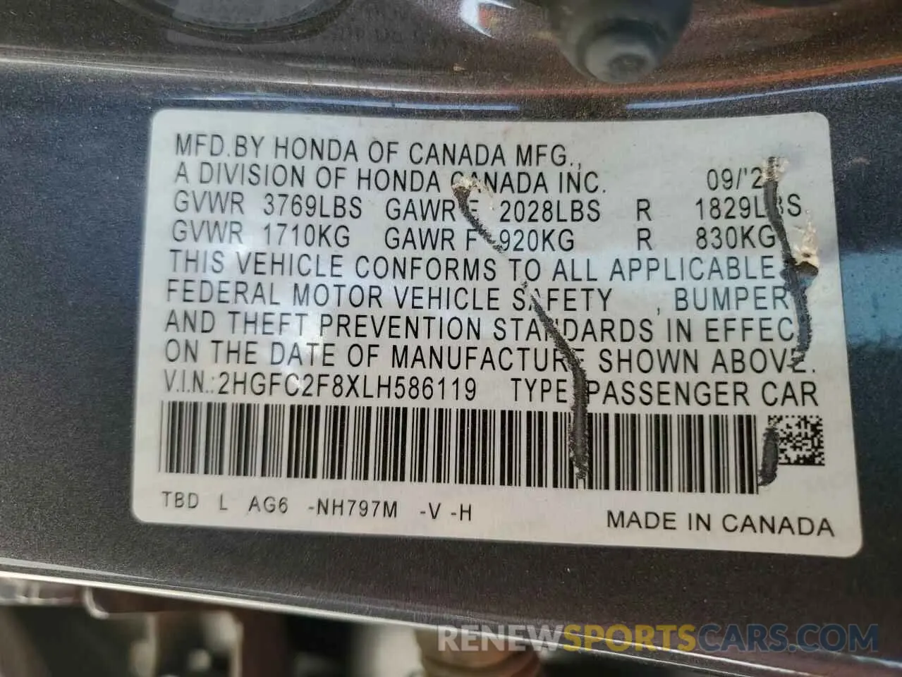 12 Photograph of a damaged car 2HGFC2F8XLH586119 HONDA CIVIC 2020