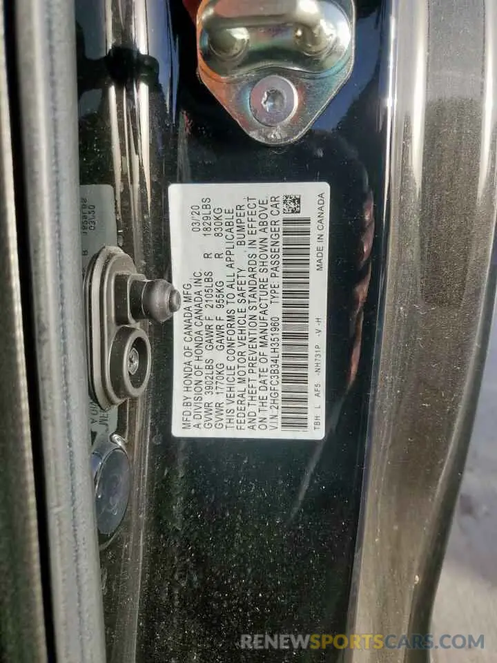 12 Photograph of a damaged car 2HGFC3B34LH351960 HONDA CIVIC 2020