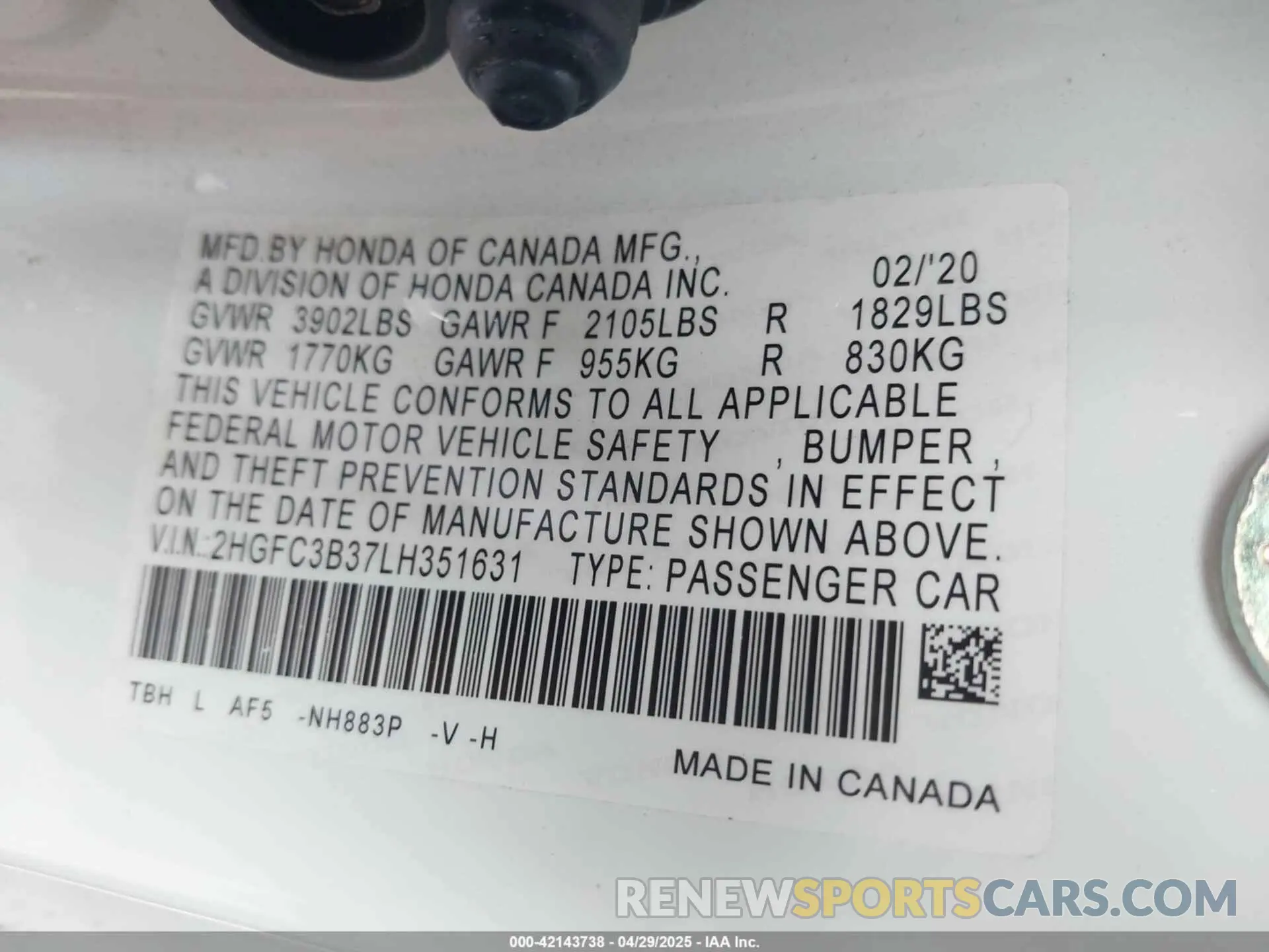 9 Photograph of a damaged car 2HGFC3B37LH351631 HONDA CIVIC 2020