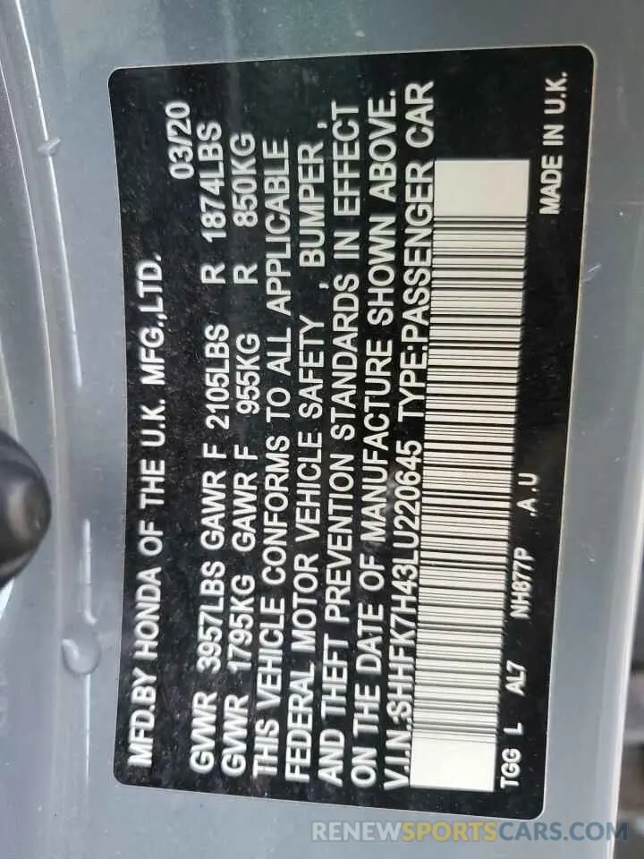 12 Photograph of a damaged car SHHFK7H43LU220645 HONDA CIVIC 2020