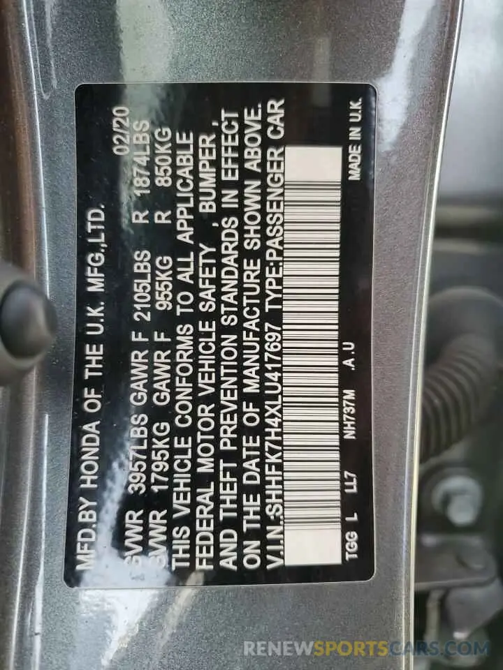 12 Photograph of a damaged car SHHFK7H4XLU417697 HONDA CIVIC 2020