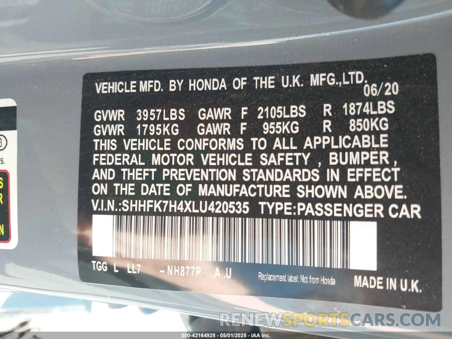 9 Photograph of a damaged car SHHFK7H4XLU420535 HONDA CIVIC 2020