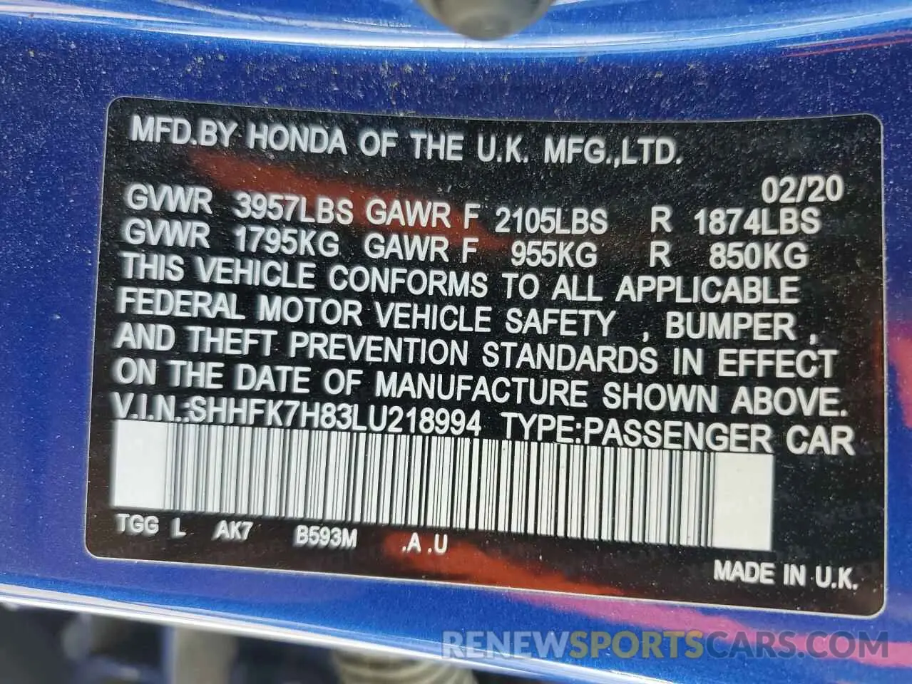 13 Photograph of a damaged car SHHFK7H83LU218994 HONDA CIVIC 2020