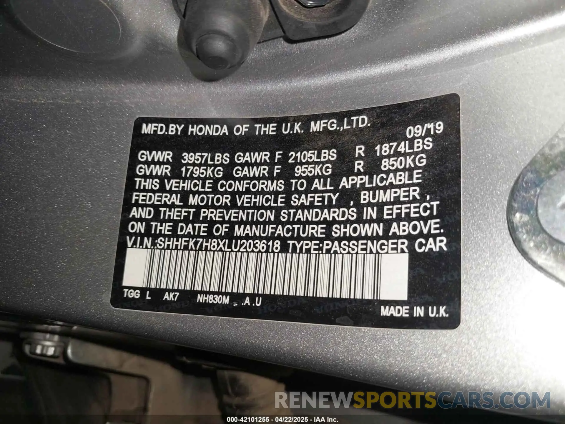 9 Photograph of a damaged car SHHFK7H8XLU203618 HONDA CIVIC 2020