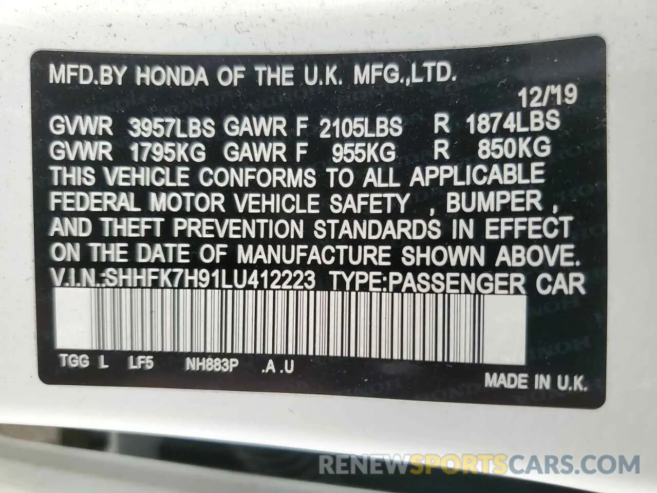 13 Photograph of a damaged car SHHFK7H91LU412223 HONDA CIVIC 2020