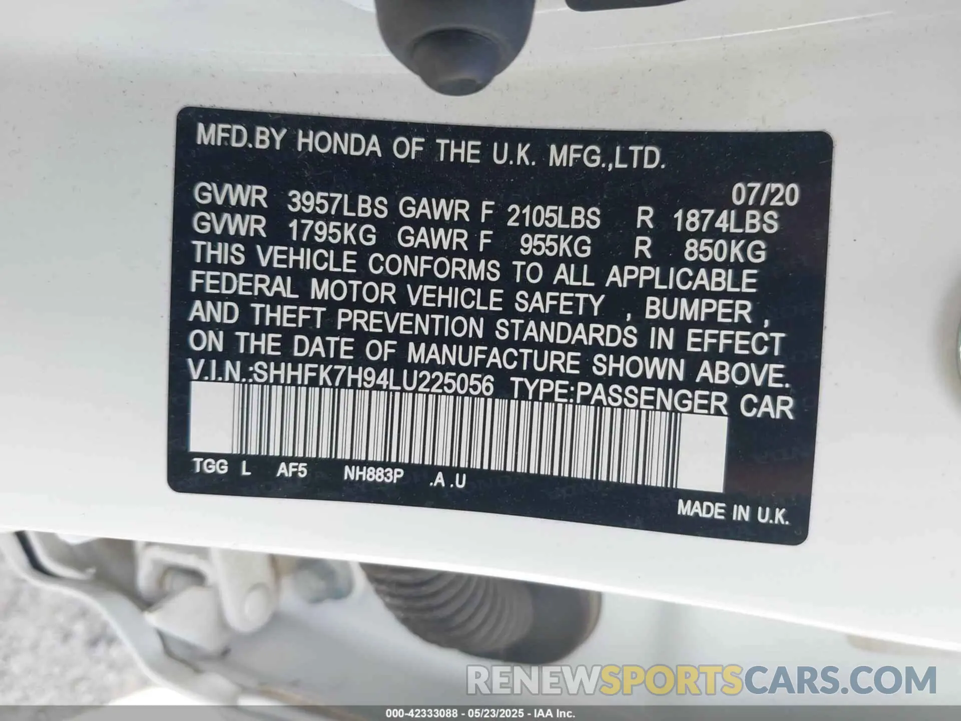 9 Photograph of a damaged car SHHFK7H94LU225056 HONDA CIVIC 2020