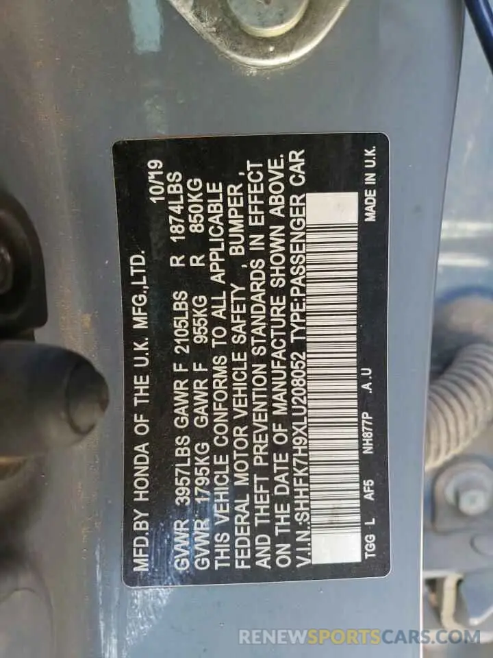 12 Photograph of a damaged car SHHFK7H9XLU208052 HONDA CIVIC 2020
