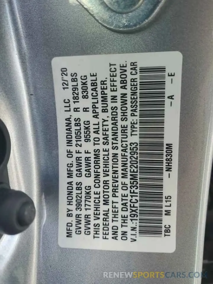 13 Photograph of a damaged car 19XFC1F35ME202953 HONDA CIVIC 2021