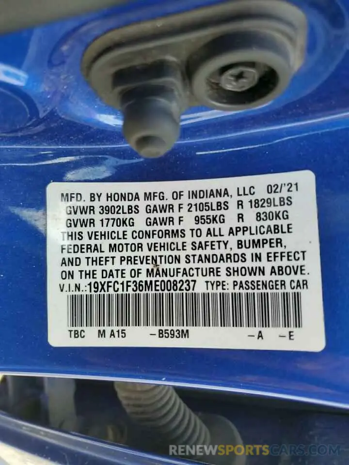13 Photograph of a damaged car 19XFC1F36ME008237 HONDA CIVIC 2021