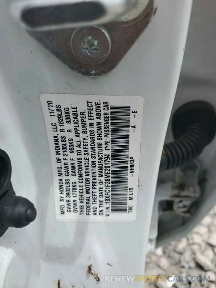 13 Photograph of a damaged car 19XFC1F36ME201794 HONDA CIVIC 2021